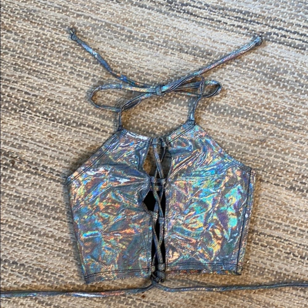 Holographic Lace-up Top